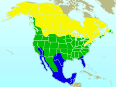 Amarillo nidificación, verde todo el año y azul áreas de invernada.