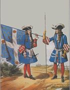 Habillement du régiment des Gardes Françaises en 1697. Habit bleu, parements rouges garnis d'éléments blancs