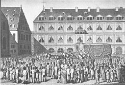 Feierlicher Empfang des ersten Erntewagens auf dem Alten Schlossplatz 1817.