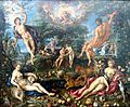 Hendrick de Clerck (1570 - 1629) and Denis van Alsloot (1570 - 1628), Paradise (ca. 1607) Ara und Amazone im Flug, etwas schaurig, aber die roten Federn an der Amazone sind deutlich, noch mal auf beschnittene Federn achten