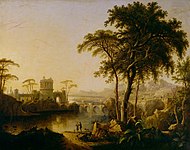 A River Landscape with a Castle at Sunrise