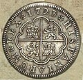 Anverso de moneda de 2 reales (plata) de Felipe V con "ceca" de Segovia del año 1723.