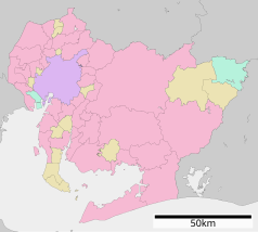 Mapa konturowa Aichi, w centrum znajduje się punkt z opisem „Toyota”