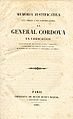 Portada. Memoria justificativa que dirige a sus conciudadanos el general Córdova. Paris 1837