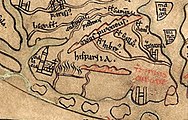 Detalle do mapa de Sawley da Imago Mundi de Honorius de Autum, editado por Henry de Mainz, onde se aprecian os nome de Galicia e á beira Hispania. Ano 1190.