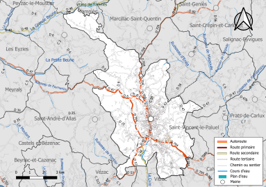 Carte en couleur présentant le réseau hydrographique de la commune