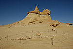 A picture of a long skeleton surrounded by a circular wire. A large rock formation is visible in the background.