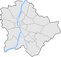 Mapa konturowa Budapesztu, blisko centrum na lewo znajduje się punkt z opisem „Nagyvárad tér”