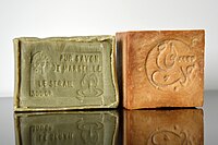 Traditional Marseille soap (left) and Aleppo soap (right)