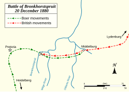 A map of Pretoria and the region to its east, with coloured arrows showing troop movements