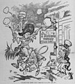 Image 41903 editorial cartoon by Bob Satterfield, depicting Arizona and New Mexico as crazed gunfighters intent on gaining access to the "E pluribus unum tavern". (from History of Arizona)