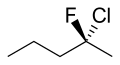 Fórmula esquelètica estereoquímica del (R) -2-clor-2-fluoropentà, un dels dos enantiòmers possibles.