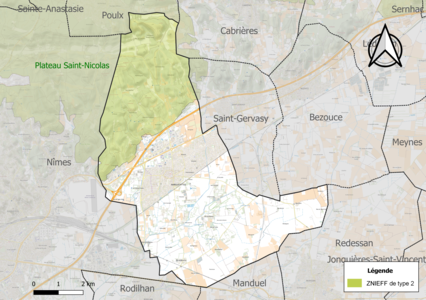 Carte de la ZNIEFF de type 2 sur la commune.