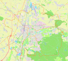 Mapa konturowa Hradec Králové, blisko centrum po prawej na dole znajduje się punkt z opisem „Náhon”