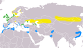 Range map yellow: summer blue: winter green: year-round