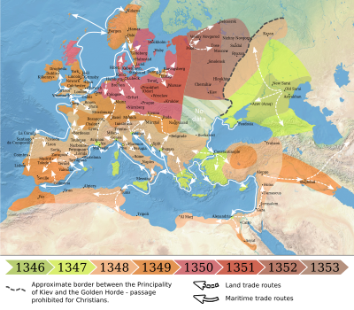 The spread of the Black Death in Europe and the Near East (1346–1353)