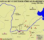 Karta över Kinas huvudstäder under dynastierna Xia, Shang och Zhou.