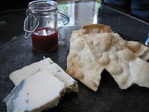 Raspberry-vanilla beer jam with flatbread and blue cheese