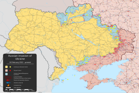 Mapa postupu ruských vojsk na Ukrajinu a ukrajinských měst bombardovaných Ruskem:      Území kontrolováno Ukrajinou      Uzemí okupováno Ruskem a proruskými separatisty