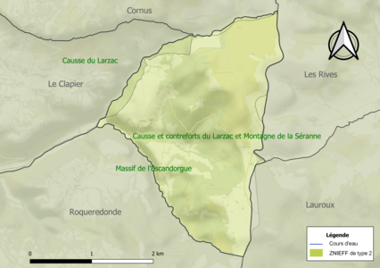 Carte des ZNIEFF de type 2 sur la commune.