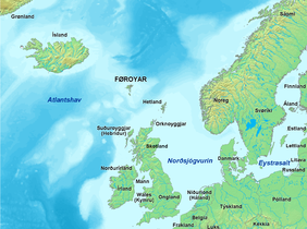 Topographic map of the European region. Faroese captions