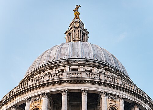 The dome of St Paul's Cathedral seen from exterior ground level.