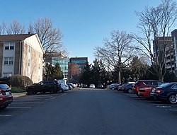 Apartment complex in Woodburn; the back of Inova Fairfax Hospital can be seen in the near distance