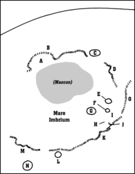 Detail map of Mare Imbrium's features. Archimedes is the feature marked "G".