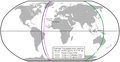 Verdeling van de wereld in het verdrag van Tordesillas (paars) en het verdrag van Zaragoza (groen)