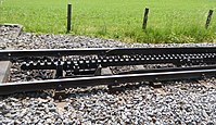 Zahnstangeneinfahrt auf Von-Roll-Zahnstange (auf der Strecke Strub-Zahnstange) mit Rad­lenker. Bahnstrecke Altstätten–Gais der Appenzeller Bahnen