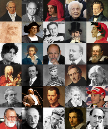 1. sor: Alessandro Volta • Enrico Fermi • Lorenzo de’ Medici • Rita Levi-Montalcini • Giacomo Leopardi 2. sor: Leonardo da Vinci • Kolumbusz Kristóf • Federico Fellini • Giuseppe Verdi • Dante Alighieri 3. sor: Anna Magnani • Ugo Foscolo • Umberto Eco • Gabriele D’Annunzio • Galileo Galilei 4. sor: Antonio Vivaldi • Guglielmo Marconi • Giuseppe Garibaldi • Alessandro Manzoni • Grazia Deledda 5. sor: Giosuè Carducci • Luciano Pavarotti • Niccolò Machiavelli • Marco Polo • Valentino Rossi 6. sor: Sergio Leone • Luigi Pirandello • Pier Paolo Pasolini • Gian Lorenzo Bernini • Salvatore Quasimodo