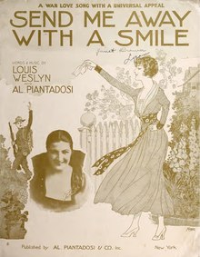 Sheet music illustrated with a drawing of a woman waving to a soldier; photograph of a woman