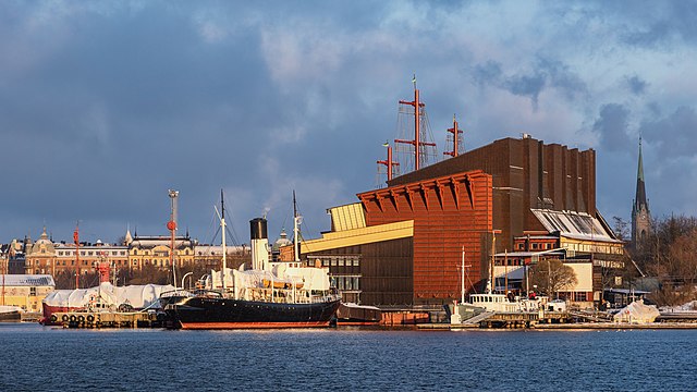 Vasamuseet (Vasa museum) on Djurgården in Stockholm, SS Sankt Erik icebreaker museum ship in the foreground.