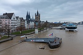 Rheinhochwasser am Pegel Köln und mobile Schutzwände (links), 8. Januar