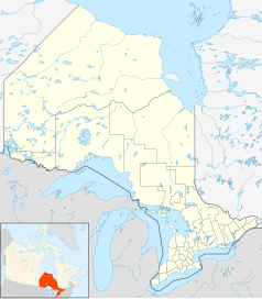 Mapa konturowa Ontario, blisko lewej krawiędzi znajduje się punkt z opisem „Sioux Narrows Nestor Falls”