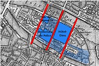 L’île de la Cité remodelée par les travaux d’Haussmann : nouvelles rues transversales (rouge), espaces publics (bleu clair) et bâtiments (bleu foncé)