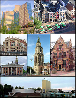 Dari kiri ke kanan: Gasuniegebouw, Grote Markt Zuidzijde, De Stadsschouwburg, Korenbeurs, Martinitoren, Goudkantoor, Groninger Museum.