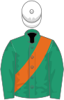 Emerald green, orange sash, white cap