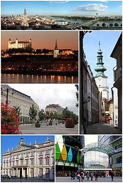 Bratislava Montage. Hiro-relo puon walang itaas: An ta'nawon kan Bratislava gikan sa kastilyo, Trangkahan ni San Miguel sa Old Town, Eurovea shopping complex, Primate's Palace, Hviezdoslav Square, Kastilyo nin Bratislava saring gilid-salog nin Danube pagbanggi.