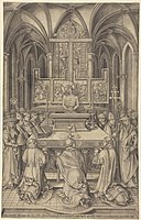 The largest of 10 engravings by Israhel van Meckenem, 1490s, with an unauthorized indulgence of 20,000 years at bottom[13]