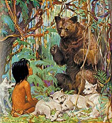 Illustration représentant un enfant entouré de louveteaux et d'un ours dans la jungle.