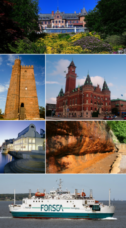 Top: Sofiero Palace, Second left: Kärnan, Second right: Rådhuset (Helsingborg City Hall), Third left: Dunker Culture House, Third right: Ramlösa mineral water source site, Bottom: A cruise terminal in Helsingborg Bredgatan Port