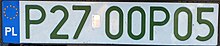 A single-row registration plate reading P27-00P05 in green-tinted letters.