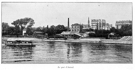 Photo du quai d'Auteuil en 1897, à l'emplacement de l'actuel quai Louis-Blériot. L'église Notre-Dame-d'Auteuil apparaît en arrière-plan.