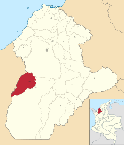 Location of the municipality and town of Valencia, Córdoba in the Córdoba Department of Colombia.