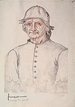 Attributed to Jacques Le Boucq. Portrait of Hieronymus Bosch . circa 1550 date QS:P,+1550-00-00T00:00:00Z/9,P1480,Q5727902 . charcoal and red chalk on paper. Arras, Bibliothèque Municipale, Recueil d’Arras, ms. 266, fol. 275.