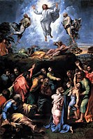 Scholars such as Jane Chance have compared Gandalf's death in Moria and subsequent reappearance as "the White" to Christ's Transfiguration,[15] as in this painting by Raphael, c. 1520