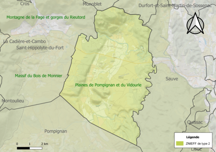 Carte de la ZNIEFF de type 2 sur la commune.