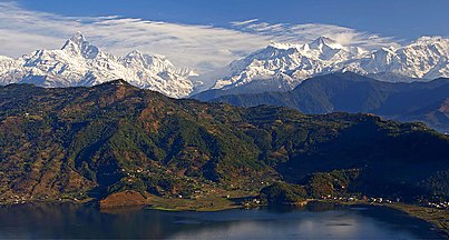 Mount Machapuchare (Mount Fishtail), Annapurna II and Phewa Lake seen from Pokhara, Nepal