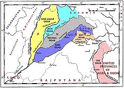 A map of the Punjab region c. 1947 showing the different doabs